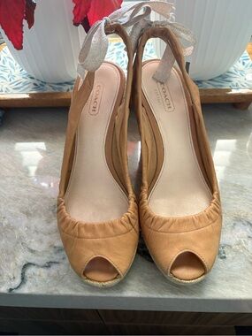 COACH Maritza Tan Espadrille Peep-Toe Slingbacks with Ribbon Tie